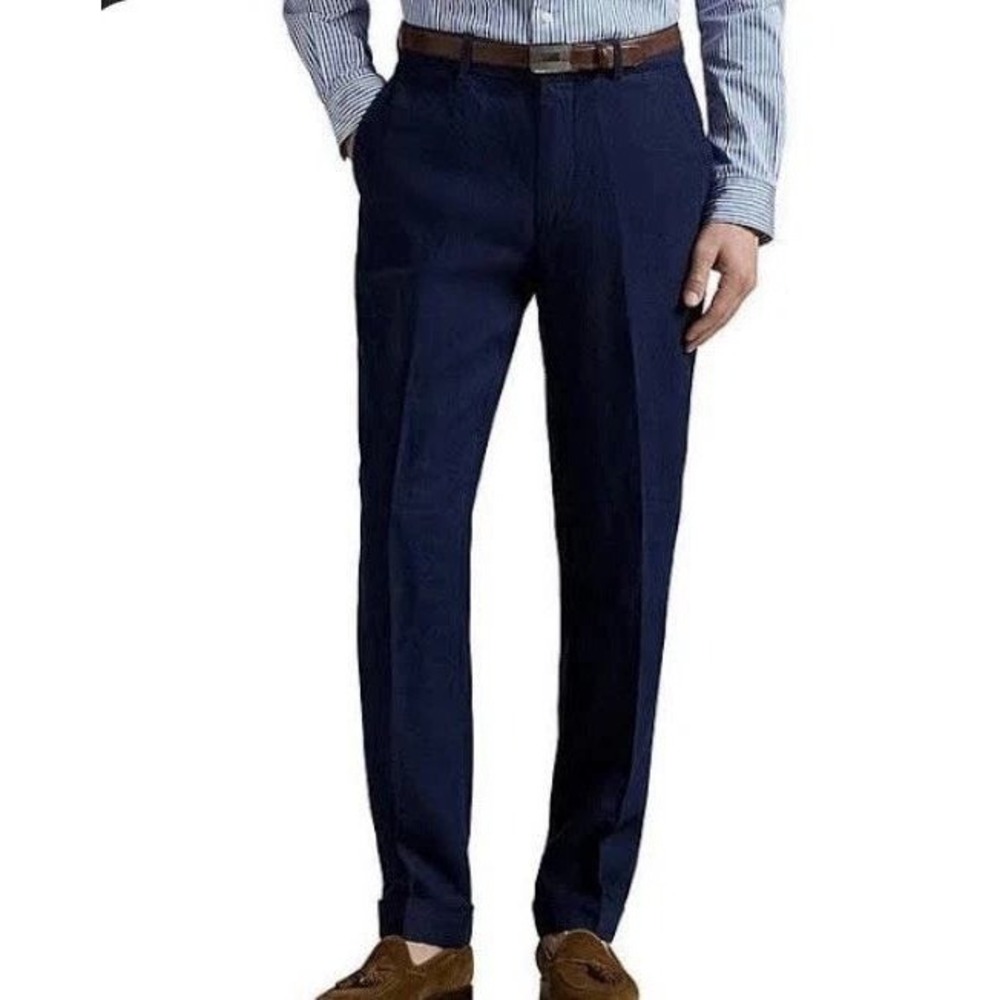 Polo Ralph Lauren Mens Navy Blue 100% Linen Cuffed Dress Pants Trousers 36x32
